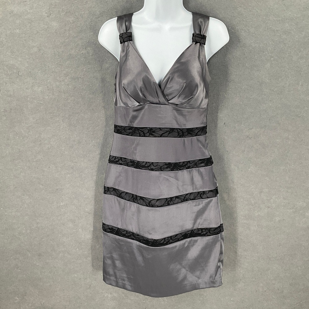 Bisou Bisou Dress Sz 6 Gray Satin Lace Babydoll‎ Sleeveless Party Cocktail Mini